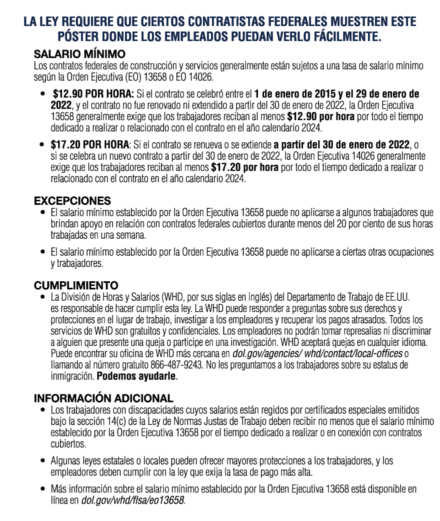 La ley requiere que ciertos contratistas federales muestren este p ster donde los empleados puedan verlo f cilmente. ...