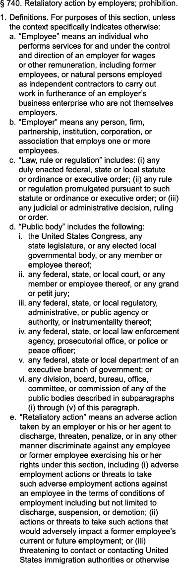 § 740. Retaliatory action by employers; prohibition. 1. Definitions. For purposes of this section, unless the context...